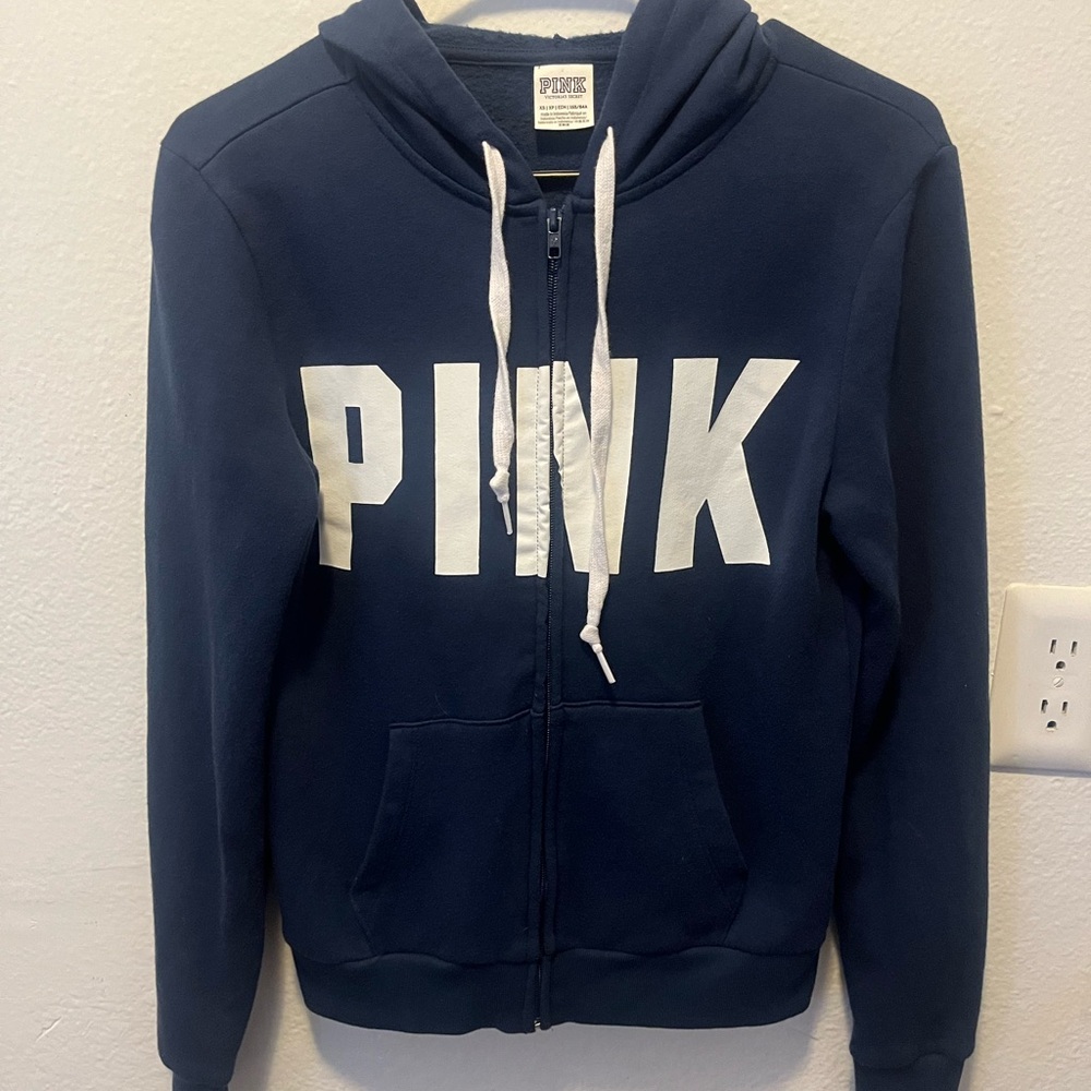 ✨PINK Victoria's Secret Navy Zip-Up Hoodie with White Logo - Picture 2 of 7